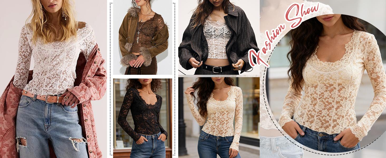 WoodBerry Lace Sheer Floral Top for Women Long Sleeve Elegant Scoop Neck Shirts Fitted Blouse with Scalloped Trim Outfits for Layering WoodBerry Lace Sheer Floral Top for Women Long Sleeve Elegant Scoop Neck Shirts Fitted Blouse with Scalloped Trim Outfits for Layering