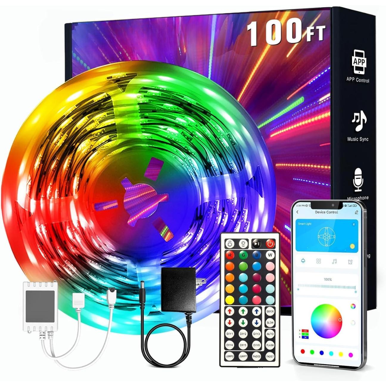 LED Strip Lights 100ft, Smart Lighting with App Remote Control, RGB LED Lights for Bedroom, Music Sync Color Changing for Room Home Decor Party