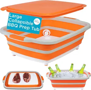 3 in 1 Collapsible BBQ Prep Tub - XL (16L) , Lid, Cutting Board & Drain Hole | BPA-Free, Food-Grade, Recyclable, Space-Saving Caddy for Grilling, Camping, Kitchen & Outdoor Cooking, Orange, 16 Liters