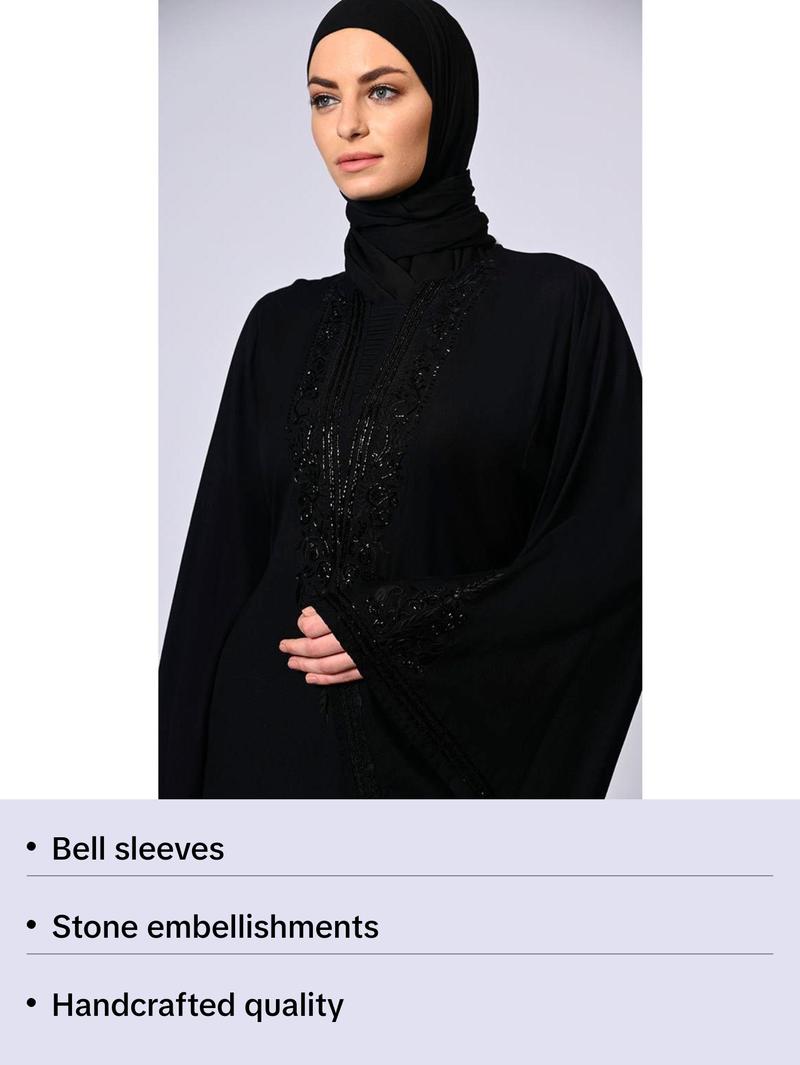 Handcrafted and Machine Embroidered Bell Sleeves Black Abaya Handcrafted and Machine Embroidered Bell Sleeves Black Abaya