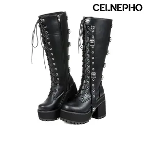 CELNEPHO Knee High Boots for Women Round Toe Chunky Platform Heel Lace up Side Zipper Closure Buckle Design Metal Studed Combat Punk Booties Easy Pull on Cosplay Party Dress Jennifer Body Boots Casual Wear Dress Shoes
