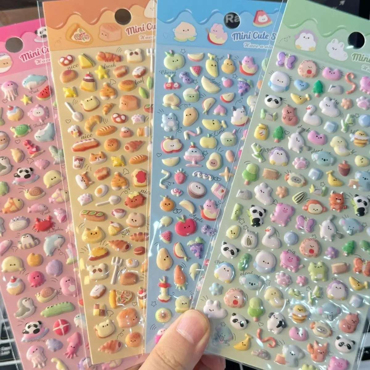 TOOUEE 4sheets(320pcs+) 3D Hollow Animal/Fruit/Ocean/Bread Theme PVC Raised Stickers Embossed Plastic Puffy Decals for Gifts Birthday Christmas Halloween, Adhesive for Scrapbook Scrapbooking Journaling DIY Crafts Decor Supplies Sticker Packs