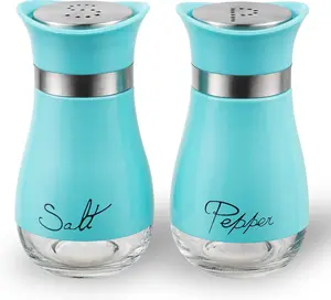 Salt and Pepper Shakers Stainless Steel and Glass Bottle Set of 2 Turquoise