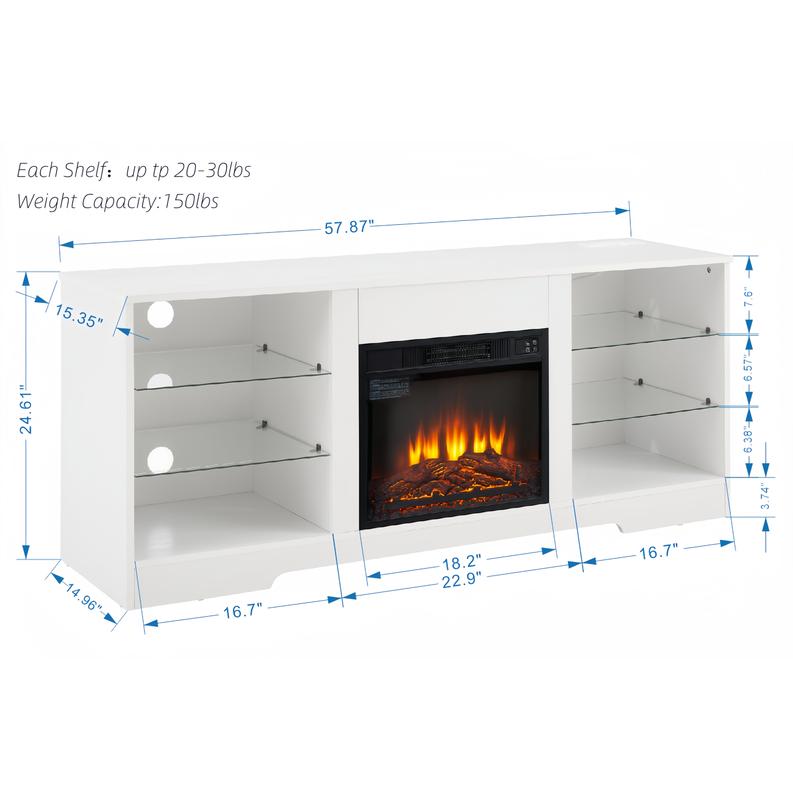 58 Inch Modern TV Stand with Electric Fireplace, LED Light Glass Shelves Entertainment Center, USB Outlets & Storage for TVs up to 65", Living Room TV Console in White