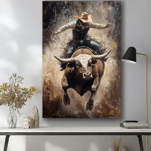 Cowboy Riding a Powerful Brown and White Bull Canvas Painting  for Living Room Bedroom Wall Art Decorative Mural Gift
