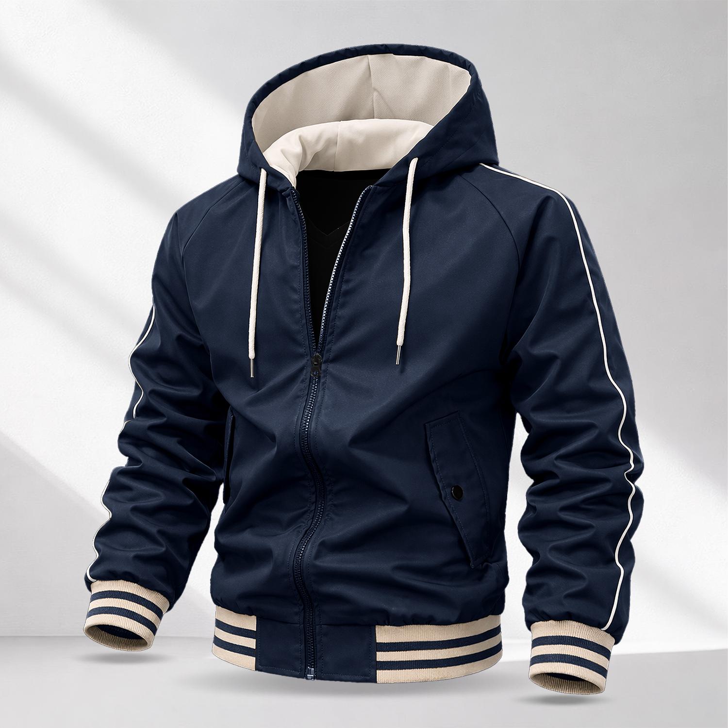 Men’s Patchwork Zip-Up Hooded Jacket – Lightweight windproof casual jacket with a soft, smooth street style, featuring contrast striped cuffs, suitable for everyday wear and outdoor commuting Casual