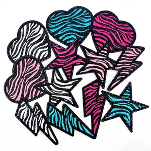 CY Glitter Zebra Heart Star Lightning Iron On Patches Embroidered Cute Cool Applique for Trucker Hats Clothes Jackets Backpacks