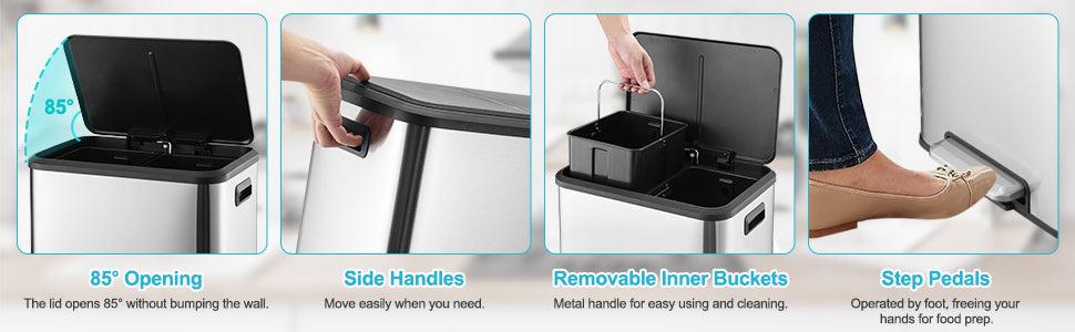 【GARVEE】8-Gallon Dual Trash & Recycling Bin - Stainless Steel Kitchen Waste Bin with Soft-Close Lid & Foot Pedal - Removable Liners & Compact Design