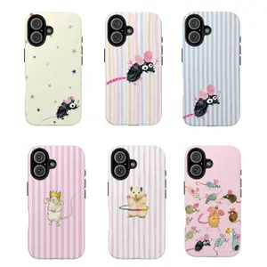 Cute Pastel Mouse Phone Case, Funny Cartoon Rodent Aesthetic Cover for iPhone 17 16 15 14 13 12 11 Pro Max, Pink Stripe Kawaii Animal Illustration Design, Adorable Indie Animal Lover Gift
