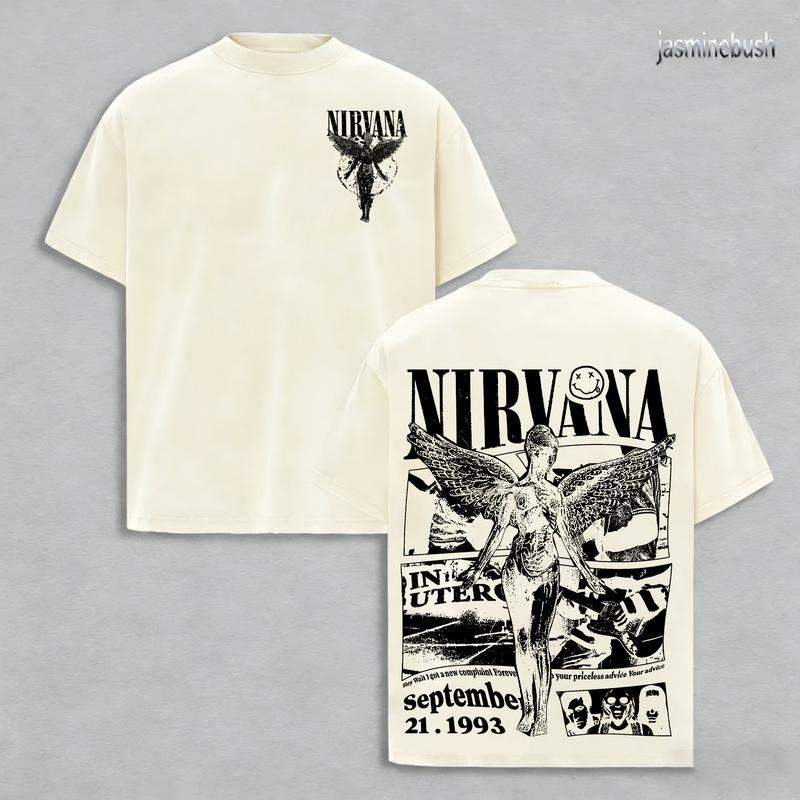 Nirvana in Utero rock band washed t-shirt - 100% Cotton, Crew Neck, Short Sleeve, Fitted, Casual Summer Tee for Men & Women