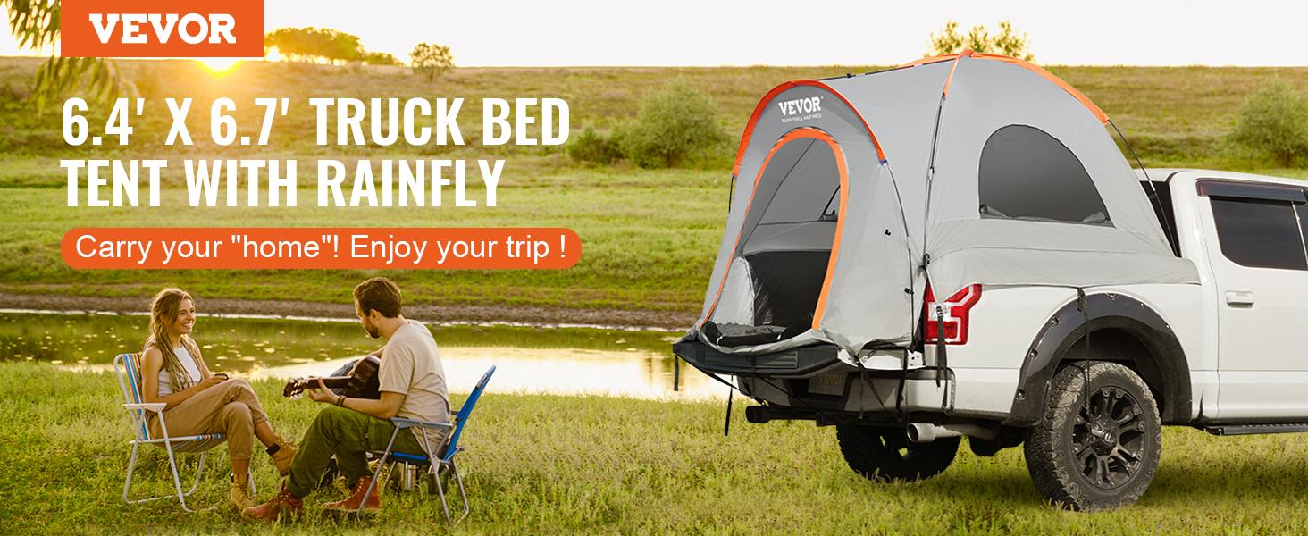 VEVOR Truck Bed Tent, TikTokShopBlackFriday, 6.4'-6.7' Pickup Truck Tent with Rain Layer and Carry Bag, Waterproof PU2000mm Double Layer Truck Tent, Accommodate 2-3 Person, for Camping Traveling Outdoor Activities