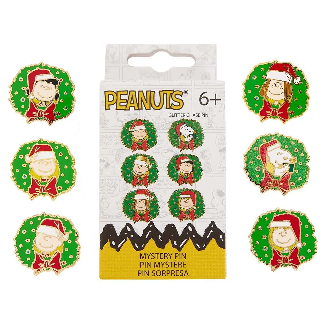 Loungefly Peanuts Gang Holiday Wreath Molded Enamel Pin, Collectible Mystery Box with Snoopy & Woodstock Glitter Chase, Brooch, Glitter Chase Pin