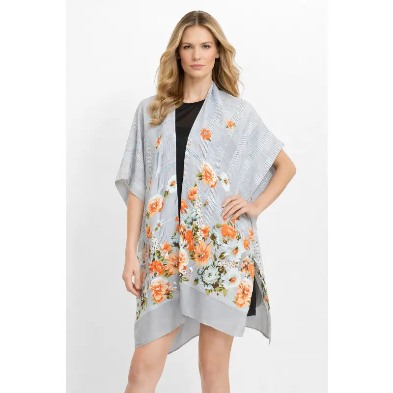 Flower Print Houndstooth Kimono - Gray Orange