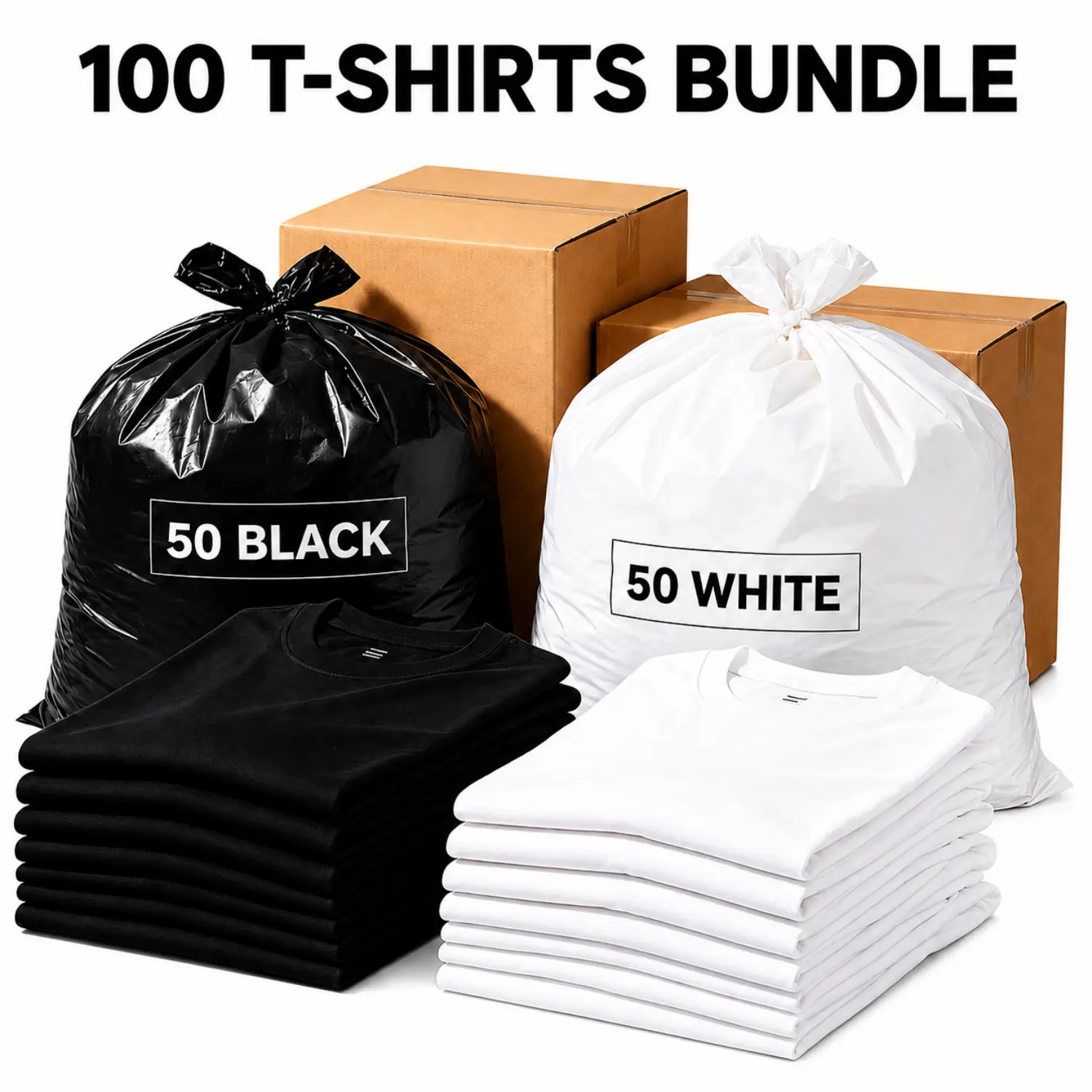 Women's Basic Minimalist Oversized Comfy Vintage 100-Pack Blank T-Shirts Bundle - 50 Black, 50 White Unisex Short-Sleeve Crew Neck Tees, Bulk Plain Shirts for Screen Printing, Small Business Supplies, Casual, Classic