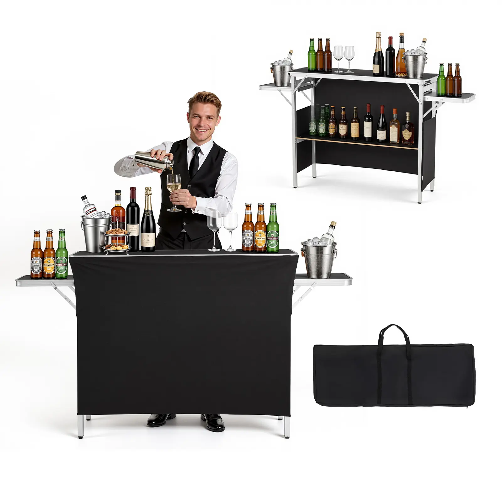 【SummerFinds】VEVOR Aluminium Foldable Compact Space-Saving 3-Sided Folding Bar Table (43.3x15.4x34.6in) with Carrying Bag, Storage Shelf, Detachable Skirt, Quick Set-Up - Mobile Bartending Station for Events, Market Stalls
