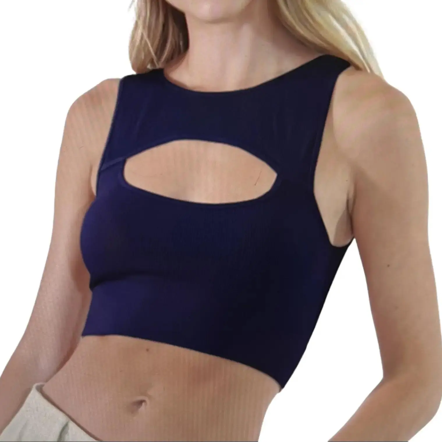 Women's NIKI BIKI USA-Made Seamless Ribbed Keyhole Cropped Racerback Cami Tank Top - One Size, Soft Comfortable Fabric, Compression, Super Stretchy, Minimal Basic, Fitted Cut, Sleeveless Bra Pullover, Solid, Light Blue Dark Blue Brown, Bridal Piece