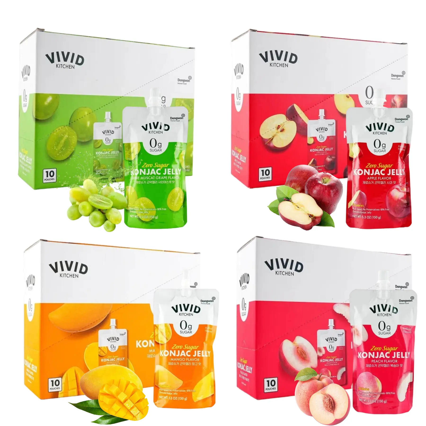 Fruit Jelly Only 5 Calories Per Pack!  10-Pack Korean VIVID KITCHEN Zero Sugar Konjac Jelly Snacks, Low Calorie, 0 Fat, Gluten-Free Fruit Jelly Treat in Mango, Apple, Grape, Peach Flavors to Choose Healthy Snacking for Adults & Kids