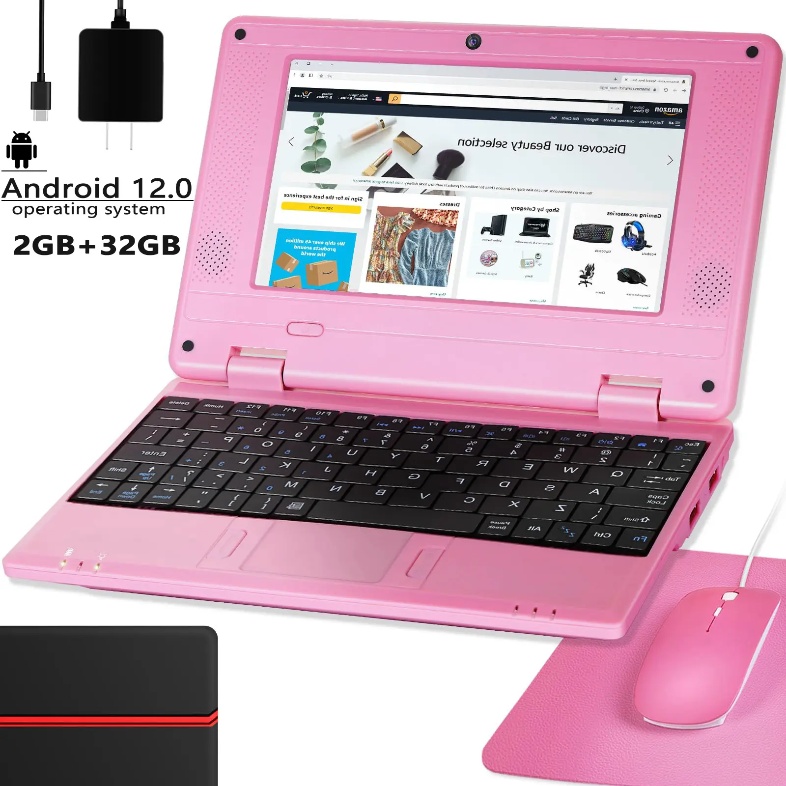 GBook 7-inch Portable Android 12.0 Quad-Core Mini Laptop, Wireless WiFi, Bluetooth, Webcam, with Bag & Mouse & Pad Kit for Kids
