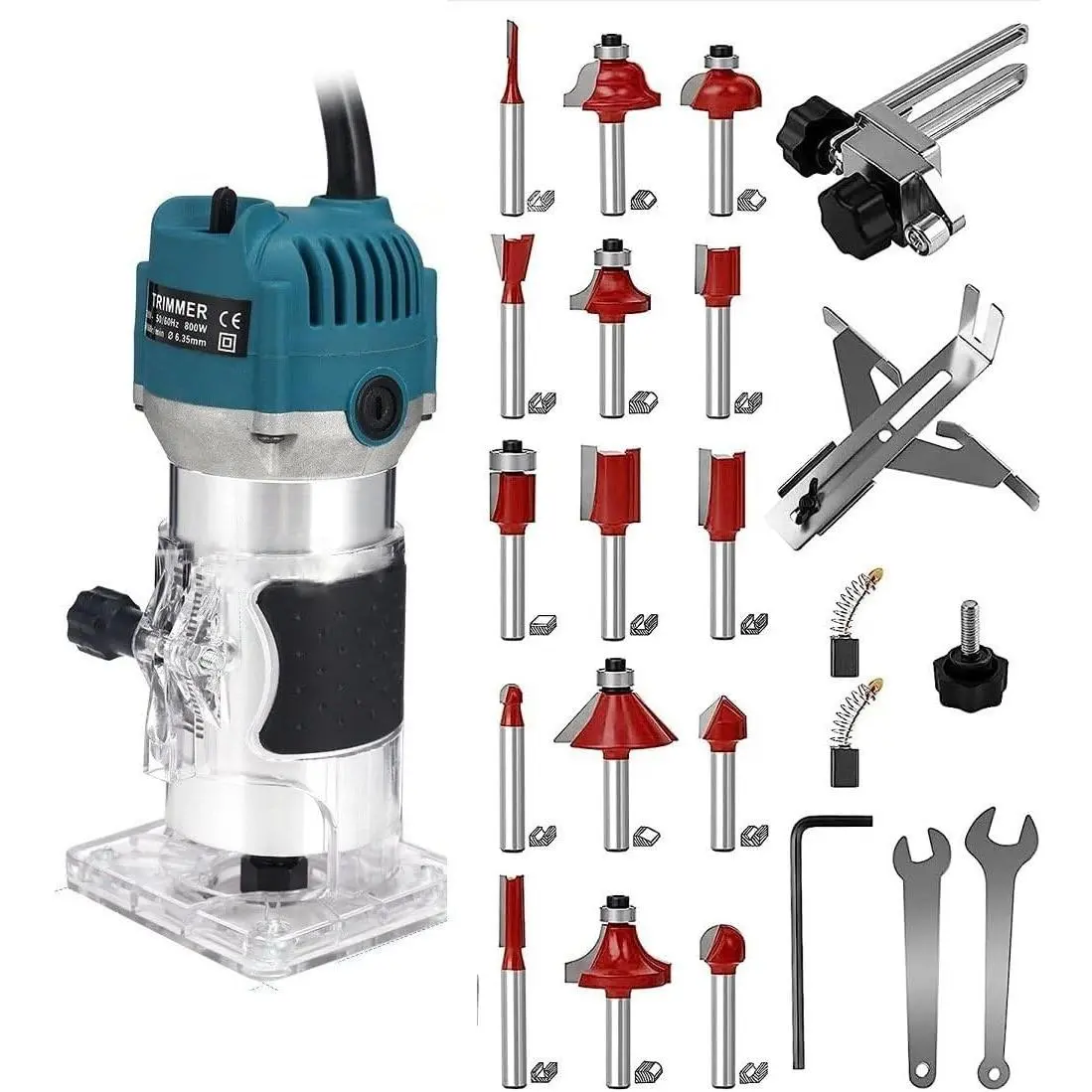 110V Router Tool, 800W Wood Trim Router, 30000RPM Electric Hand Trimmer, Palm Router with 15x 1/4" Router Bits & 2x Trim Guides for Woodworking Tools, Adjustable Base Height w/ScaleQuesear