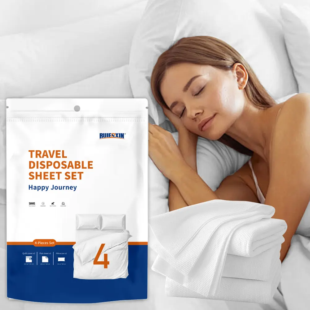 Disposable 4-Piece Bedding Set - 1 Flat Sheet, 1 Duvet Cover, 2 Pillowcases, Soft Skin-Friendly Lightweight Portable Travel-Ready Wash-Free All-Seasons Bedding for Emergency Use