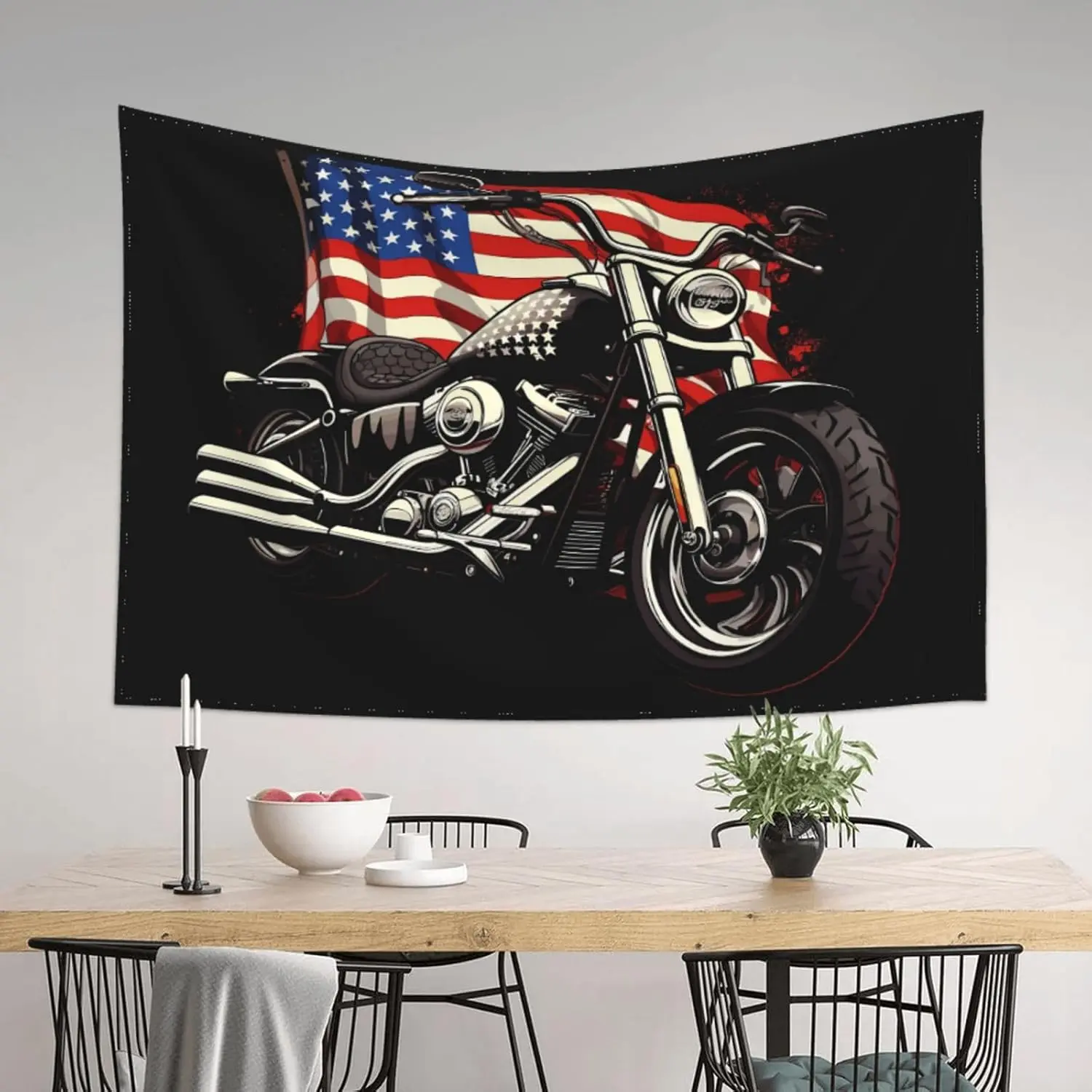 Synthetic Polyester Motorcycle Biker Theme American Flag Tapestry - 1-Piece 1-3 cm Variation Textile Soft Furnishing, Home Supplies Decoration for Indoor/Outdoor Wall Hanging, Gift