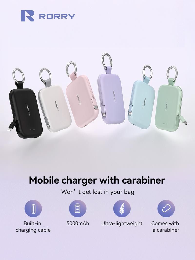 RORRY Portable Charger 5000mAh Power Bank with Type-C Dual Lightning Cables Keychain for iPhone Android iPad Switch Lightweight Compact Gift