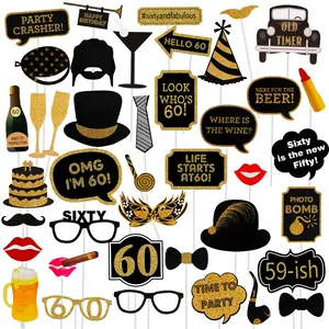 60th Birthday Photo Booth Props - 41 Pcs Black and Gold 60 Birthday Party Decorations for Men Women, Funny Birthday Photo Props with Sticks, Milestone Birthday Party Supplies, Cheers to 60 Years