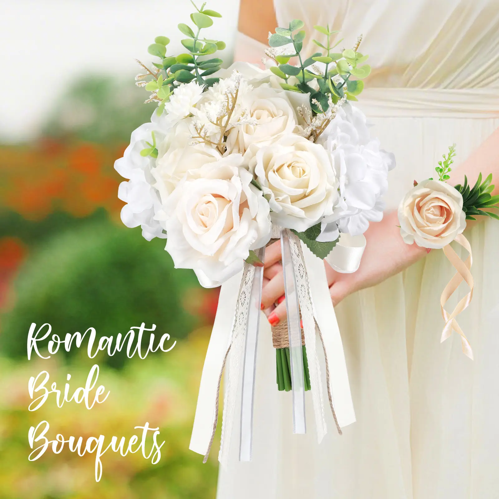 Boxed Artificial Flowers Centerpiece - White & Champagne Rose Bouquet with Ribbon Bows, Auspicious for Weddings (Bride & Bridesmaids), Anniversary, Home Decor Supplies, Floral Decor