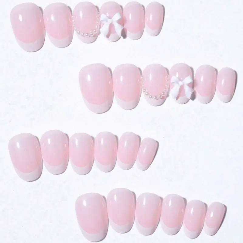 24pcs Short Oval Red French Manicure Nail Stickers, Short Bow Rhinestone Design, Perfect Fit Acrylic Fake Nails Set, Includes 1pc Jelly Gel And 1pc Nail File, French Manicure, Suitable For Women And Girls For Daily Work, Study And Party