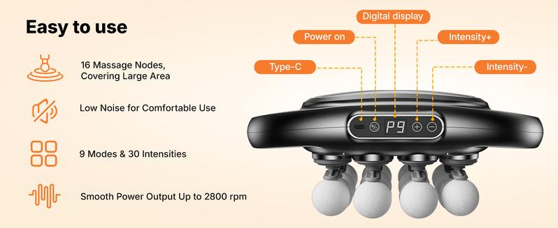 Merach 16-Head Massage Gun with 9 Modes, Deep Tissue Percussion with 30 Levels Quiet Muscle Massage Gun with Red Light Therapy for Full-Body Relaxation, Daily Use Gift