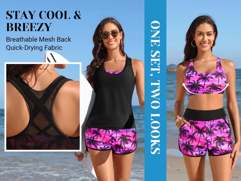 Tempt Me Women's Three Piece Tankini Swimsuit - Mesh Racerback Tank Top with Sports Bra & Pocketed Boyshorts Athletic Bathing Suits