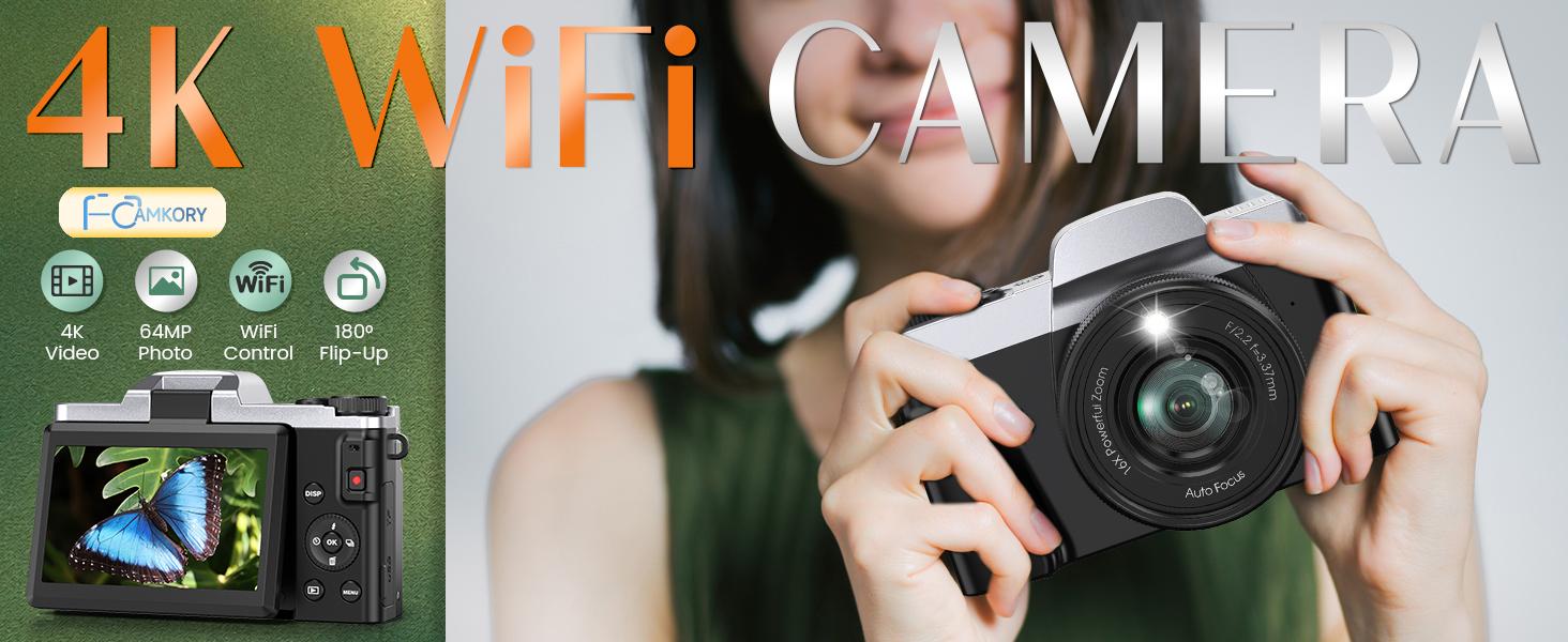 CAMKORY Selfie-Ready 4K Digital Camera | 180° Flip Screen, WiFi Autofocus Vlogging Camcorder, Compact Point and Shoot Travel Camera, Ideal Gift Choice for Kids, Teens & Adults