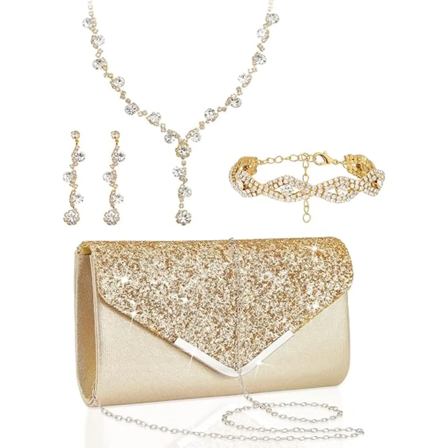 Women's 4-Piece Gold Alloy Costume Jewelry Set - Crystal Necklaces, Bracelets, Rhinestone Ear Clips, 24x14x5.5cm Convertible Clutch for Weddings, Graduations, Formal Look, Diamond Neck Accents