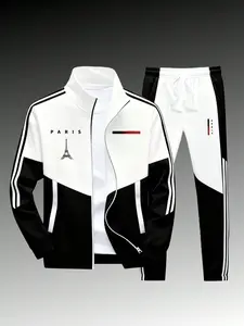 Men's Paris Logo Sportswear Set Casual Sports Jacket & Jogging Pants Geometric Print Stand-Up Collar Zipper Jacket Color-Matching Design Suitable for All Seasons Menswear - Clothes