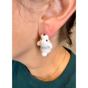Fluffy White Dog Chomper Earrings | Cute Puppy Dangle Earrings | Dog Lover Gift | 3D Printed Animal Jewelry | Statement Earrings