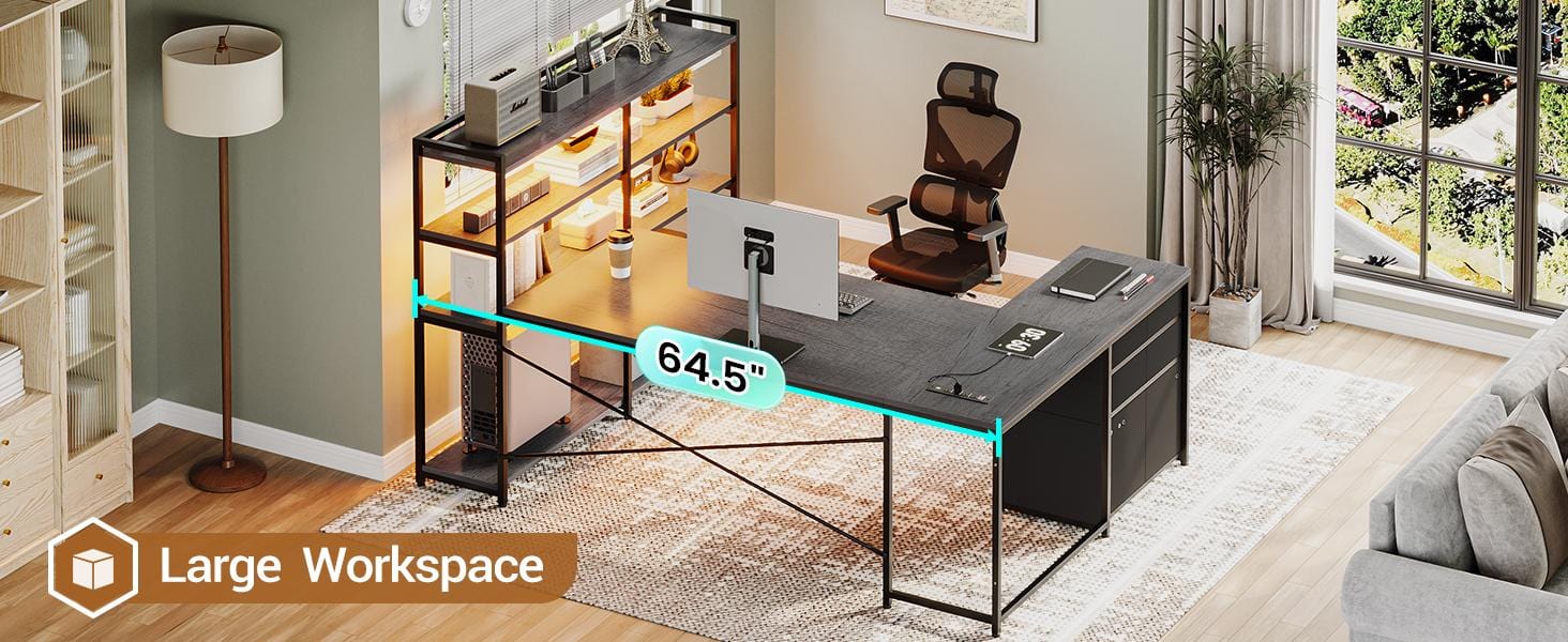 SIKAIC 64.5 Inches Reversible U Shaped LED Gaming Desk Grey with Storage Drawers Open Shelves Dual Monitor Mount RGB Light Durable Home Office Setup