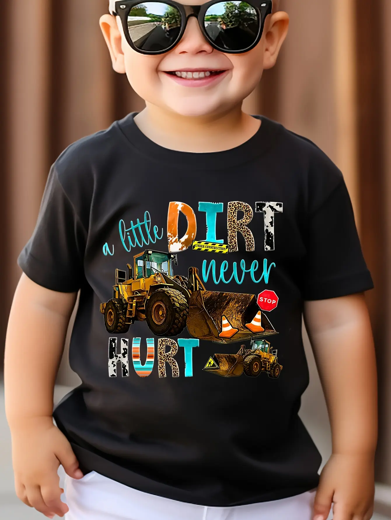 Boys Graphic T-Shirt - 'A Little Dirt Never Hurt' Construction Short Sleeve Tee
