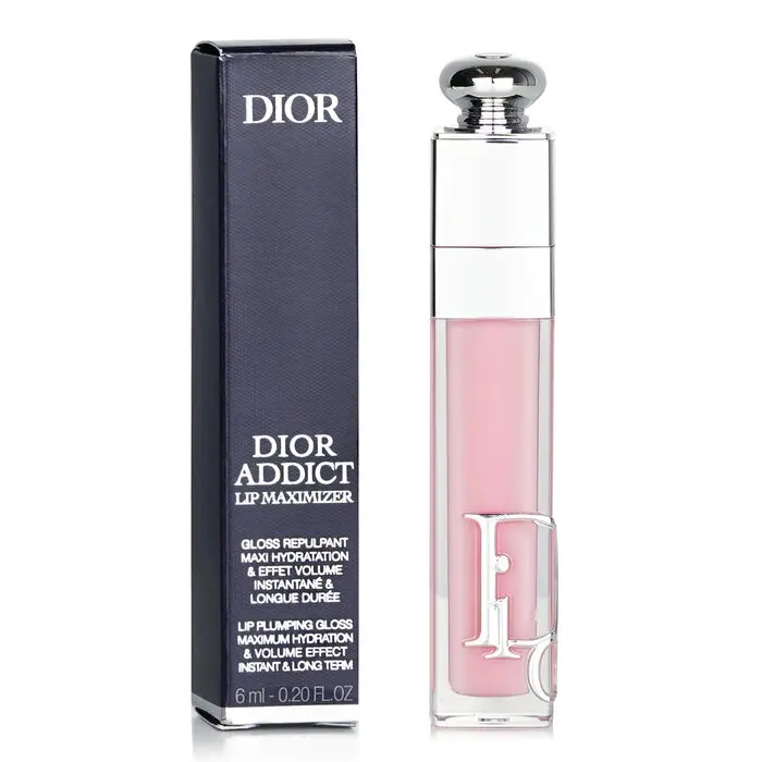 DIOR Addict Lip Maximizer Cosmetic Gloss, Cherry-Flavored Hyaluronic Acid Moisturizer, #001 Pink Glossy Lip Gloss, Mirror