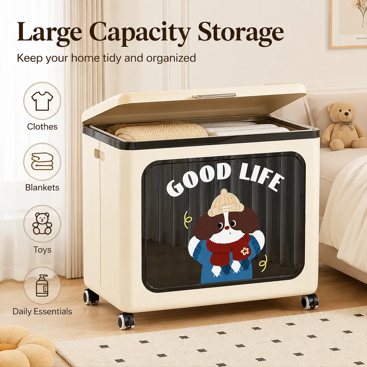 1pc Foldable Storage Cabinet with Wheels & Transparent Front Door, Large Capacity Mobile Organizer for Clothes, Blankets, Toys & Daily Essentials, Cute Dog Print, 63 × 40 × 61cm