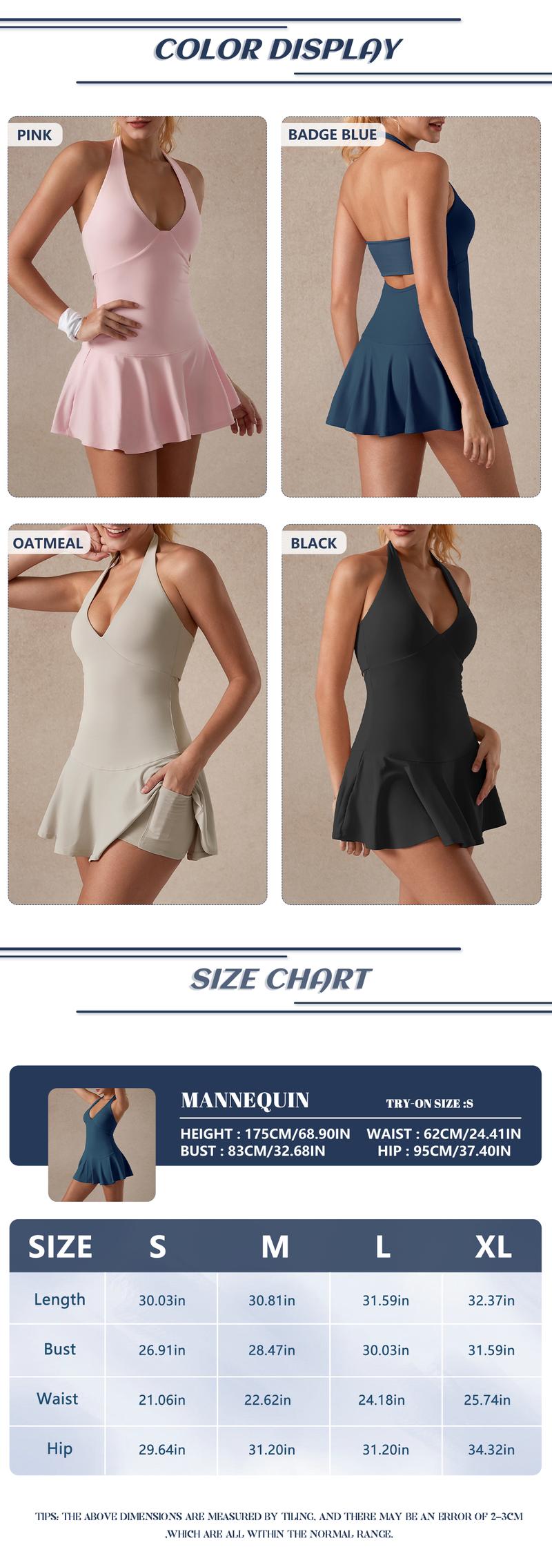 TimeOFF Women's Halter Backless Sporty Dress , Hidden Pockets, Soft Stretch , Ideal for Yoga, Tennis , Gym Workoutdress Activewear