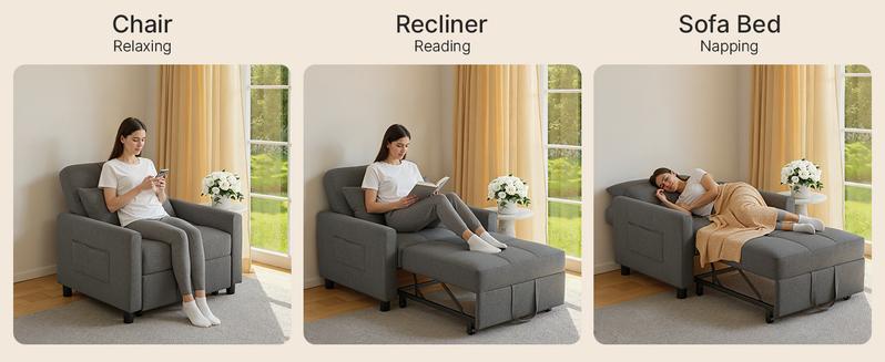 Gizoon Convertible Sofa Bed, 3-in-1 Multi-Functional Sleeper Chair Bed, Adjustable Backrest Recliner with Modern Linen Fabric for Living Room, Bedroom, Apartment Furniture, Small Space