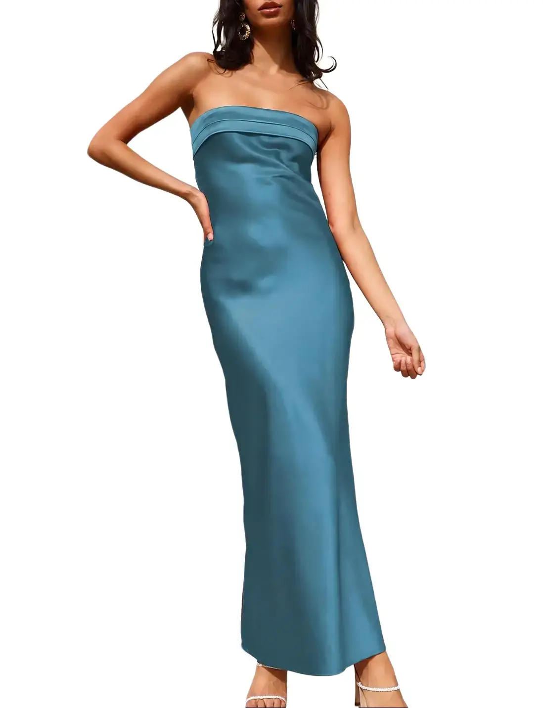 Women's Satin Strapless Backless Maxi Dress, Elegant Wedding Guest Dress, Summer Bridesmaid Dress, Formal Evening Dress & Vacation Dress