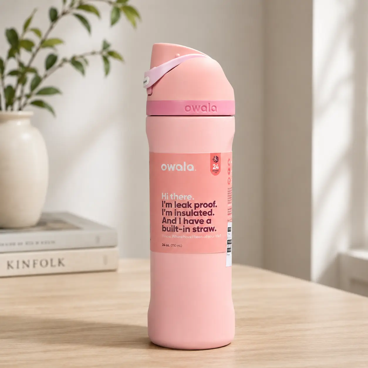 Owala FreeSip 24oz Pink Water Bottle, Insulated Stainless Steel Bottle with Built-In Straw, Leak-Proof