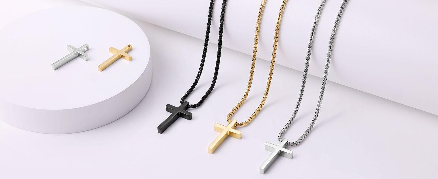 【Father's Day Gift】Stainless Steel Cross Necklace for Men and Women (Unisex), Mens Necklaces with 2.5mm Cross Chain Black/Gold-Plated Stainless Steel Cross Necklace