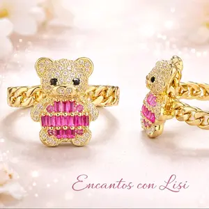 Pink Bear Ring with Chain Link High-Quality Laminated Jewelry for Women