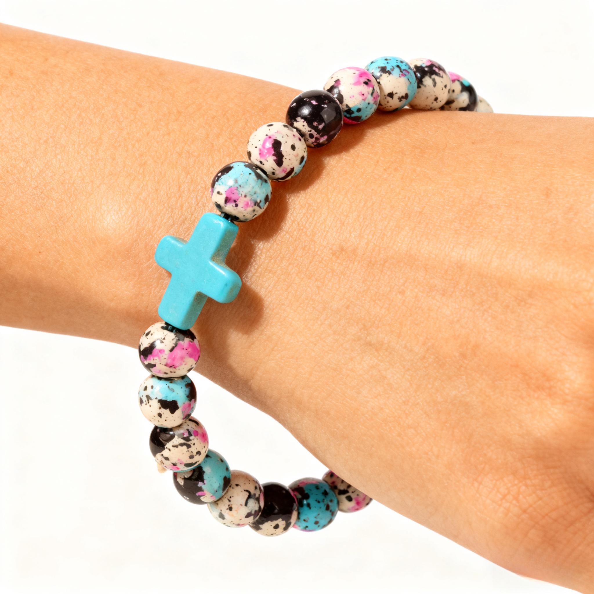 Boho Style Cross Charm Beaded Bracelet, Fashionable Elastic Beaded healing Bracelet for Women & Girls, Trendy All-match & Exquisite Faith Wear Jewelry for Birthday Gift, Bohemian Bracelets(No Cards)