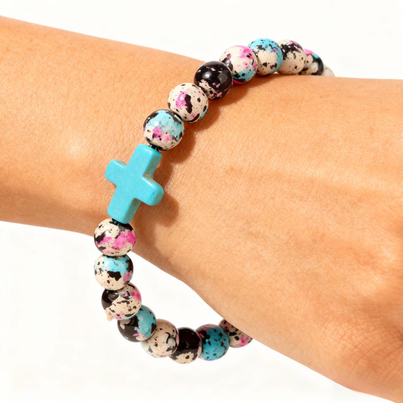 Boho Style Cross Charm Beaded Bracelet, Fashionable Elastic Beaded healing Bracelet for Women & Girls, Trendy All-match & Exquisite Faith Wear Jewelry for Birthday Gift, Bohemian Bracelets(No Cards)