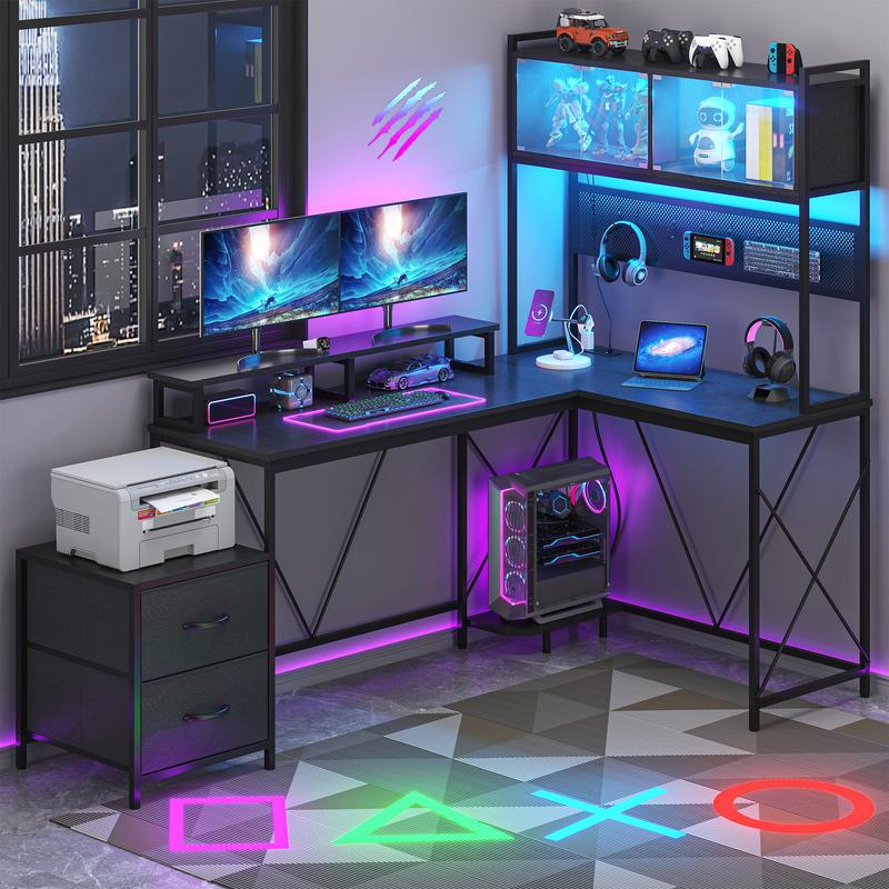 Kepptory L Shaped Gaming Desk, Home Office Computer Desk with Raised Display Stand, 2 Drawers and Glass Cabinets with LED Lights, Corner Desk with Storage Shelves, Power Outlet, Black