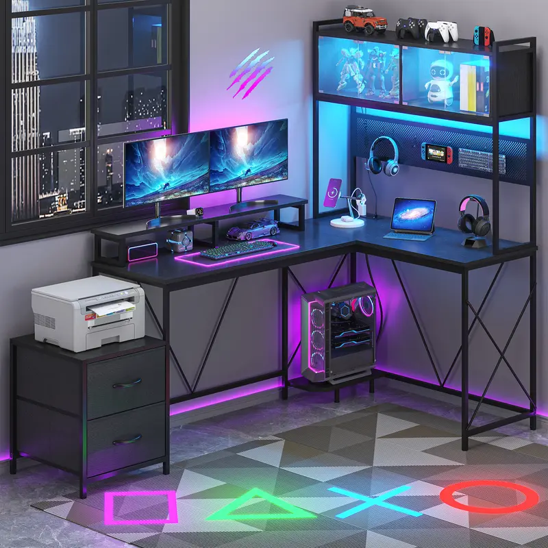 Kepptory L Shaped Gaming Desk, Home Office Computer Desk with Raised Display Stand, 2 Drawers and Glass Cabinets with LED Lights, Corner Desk with Storage Shelves, Power Outlet, Black