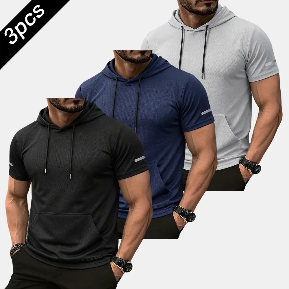 3 Pack Men’s lightweight outdoor hooded T shirt in smooth mesh fabric—practical for morning runs and hiking 3 Pack Men’s lightweight outdoor hooded T shirt in smooth mesh fabric—practical for morning runs and hiking